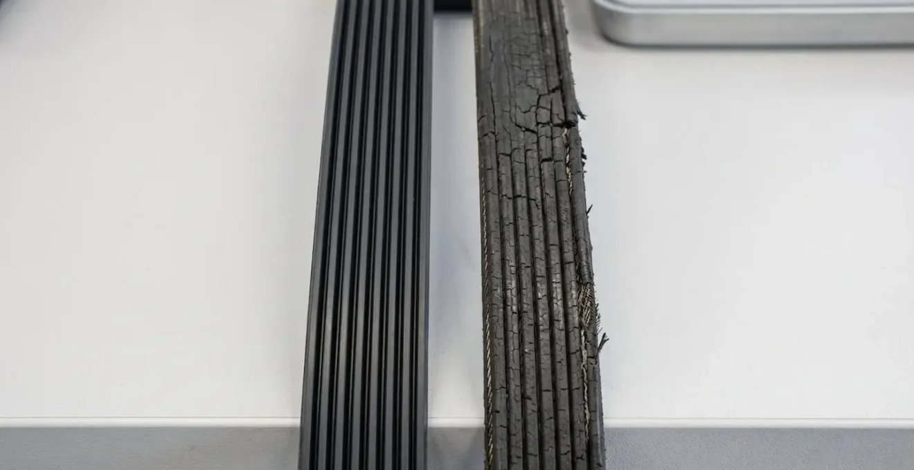 Deux courroies de variateur côte à côte sur une surface d'établi blanche, l'une neuve et l'autre présentant des craquelures visibles