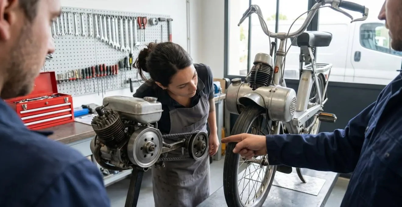 Deux personnes penchées sur un cyclomoteur Solex dans un garage lumineux, examinant la zone de transmission et du galet, de profil