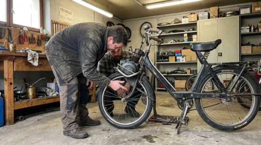Deux personnes penchées sur un cyclomoteur Solex dans un garage lumineux, examinant la zone de transmission et du galet, de profil