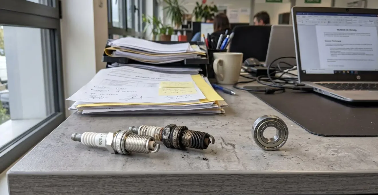 Vue large d'un établi d'atelier de mécanique pour cyclomoteurs avec outils rangés, pièces détachées disposées et éclairage naturel abondant