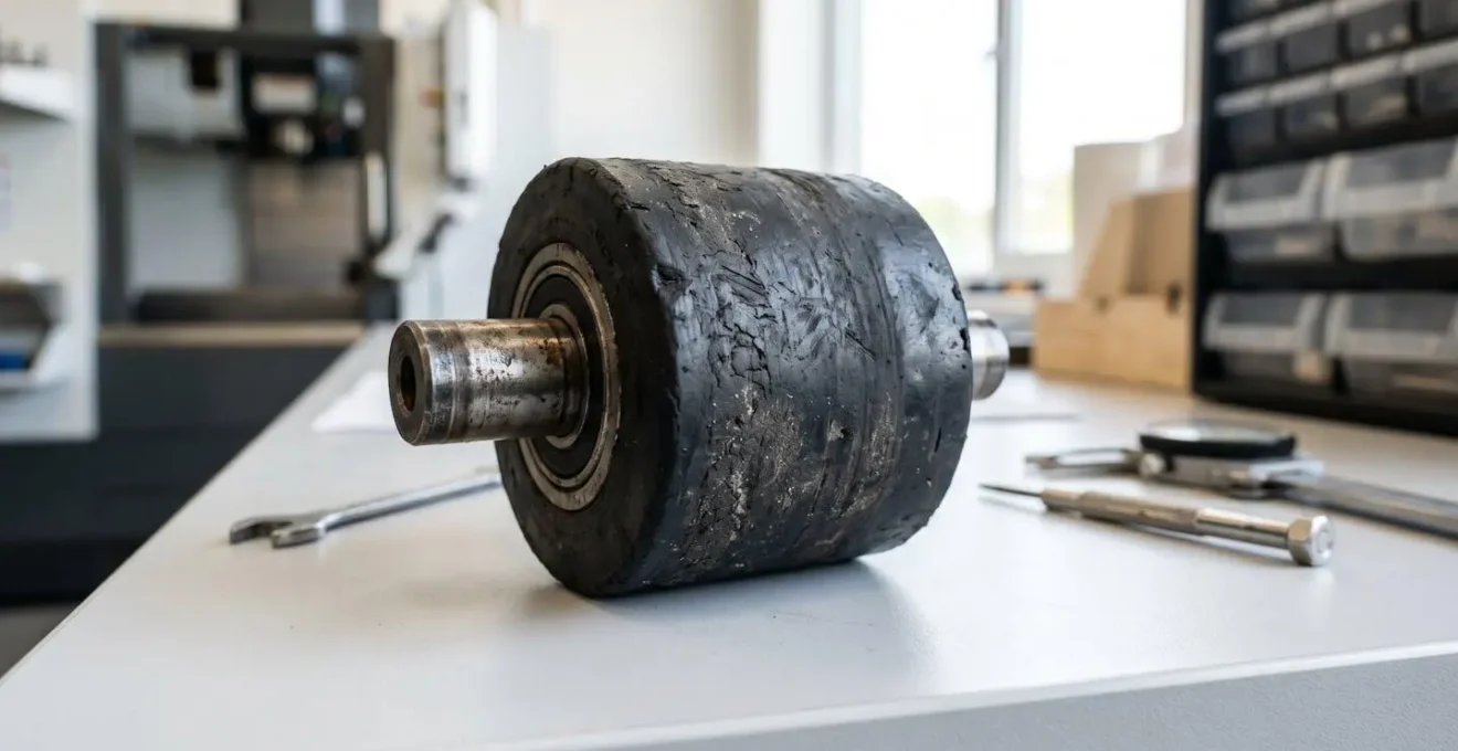 Gros plan extrême sur un galet d'embrayage en caoutchouc présentant des traces d'usure visibles sur sa surface, posé sur un établi d'atelier moderne